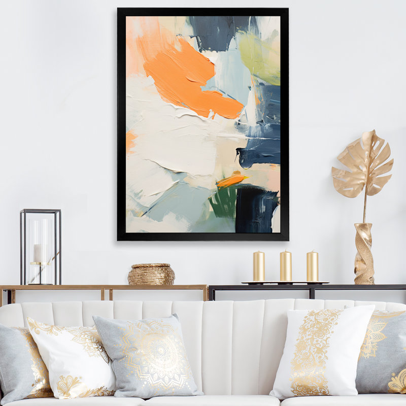 Orange tristesse I - peinture murale abstraite, Cadre flottant doré, H 32 po x l 24 po x P 1 po