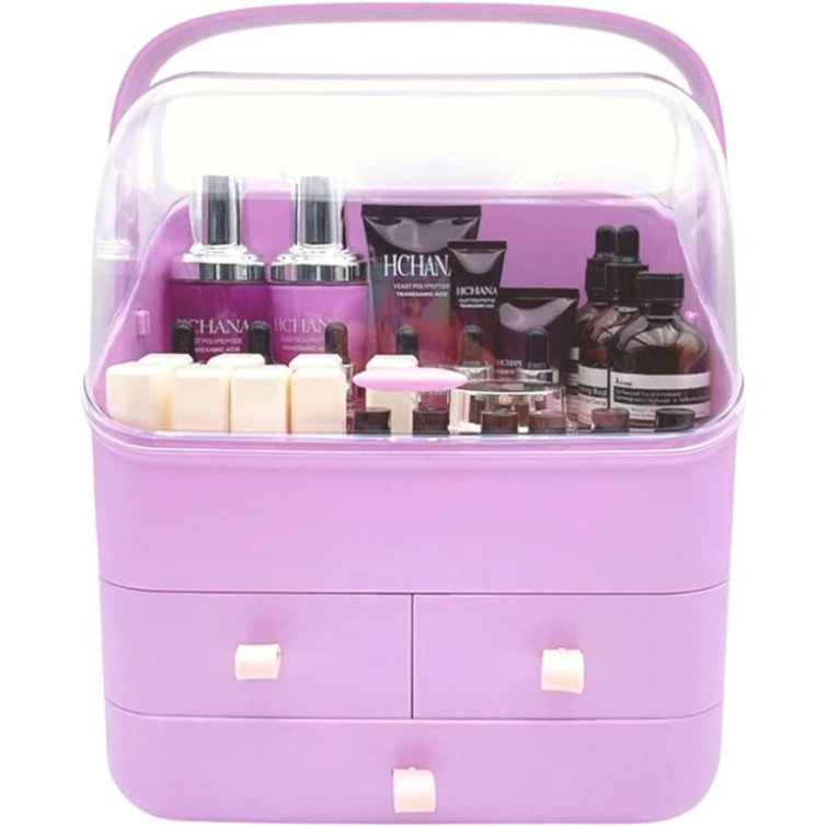 Makeup Organizer Cosmetic Storage Box Holder With Dust Free Cover Portable  Handle,fully Open Waterpr