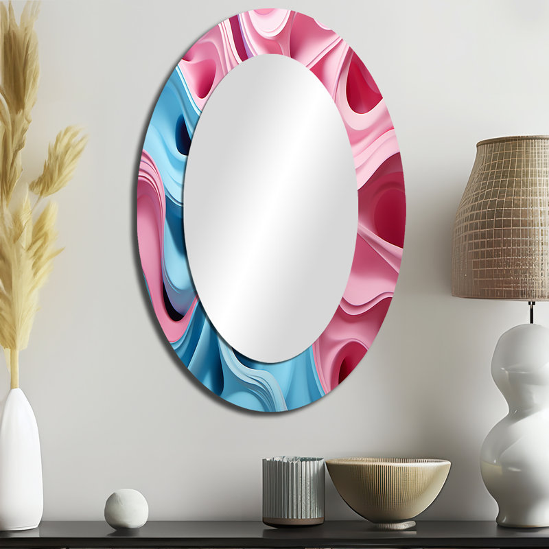 Miroir décoratif abstrait ovale sur métal, bleu et rose Op Art, 36 po x 24 po