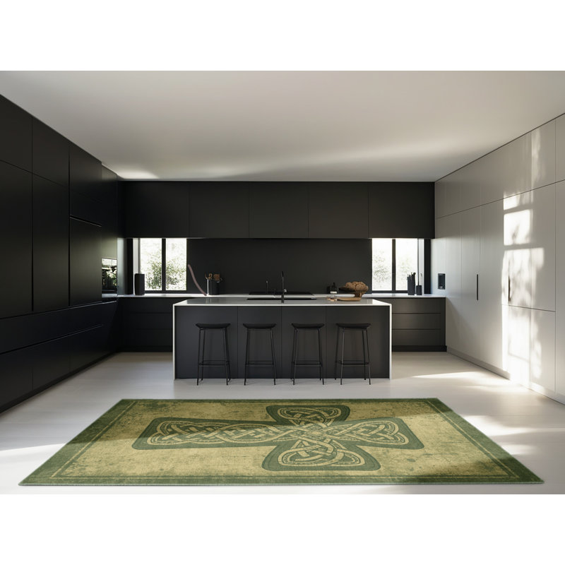 Tapis moelleux et moelleux à motif abstrait moderne et contemporain St Patties en vert - reliure vert sauge, 7 x 9