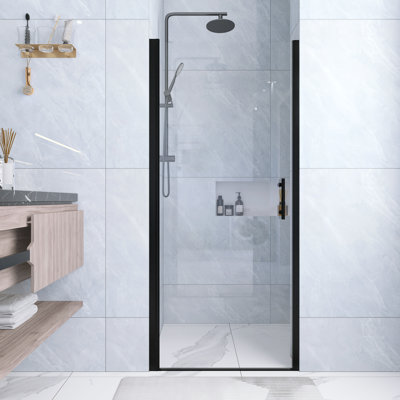32 po x l 72 po H demi-cadre, porte de douche pivotante avec verre trempé transparent de 1/4 po d'épaisseur en noir mat | Cadre en aluminium | Poignée en acier inoxydable