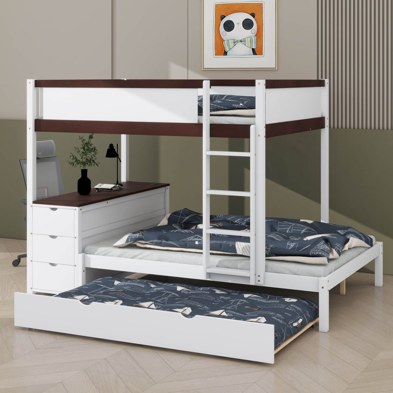 Full-Over-Full Bunk Bed With Twin Trundle, Storage Space & Desk, Full over Full, White/Walnut