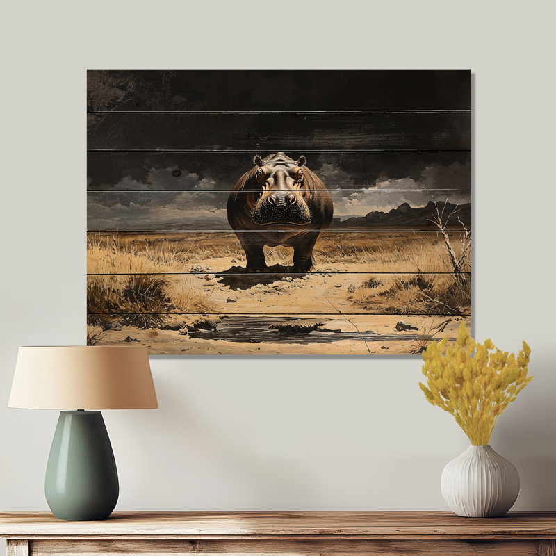 Hippopotame de survie en Afrique - Impression sur bois gris moderne sur bois de pin naturel, H 30 po x l 40 po