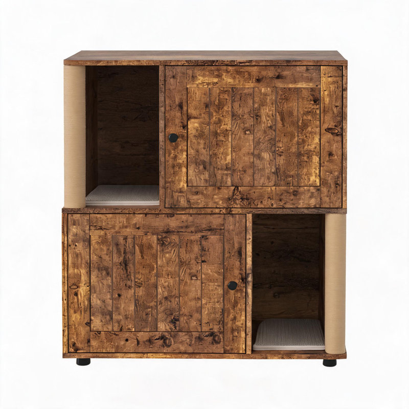 Bac à litière en bois à double compartiment pour 2 chats, table d'appoint de style ferme moderne avec 2 tapis et 2 poteaux à griffer, armoire de toilette ventilée pour animaux