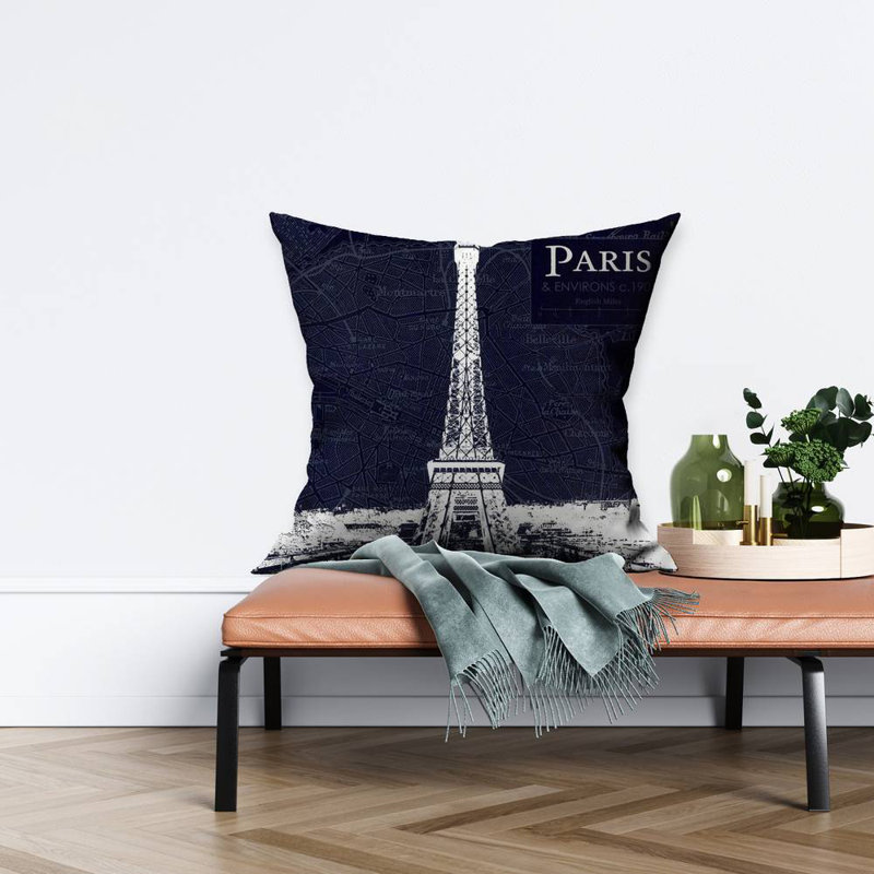 Paris blue print and eiffel tower - 26"x26" Throw pillow cover - Poly twill - Print on demand, Pillow Cover Only - No Insert