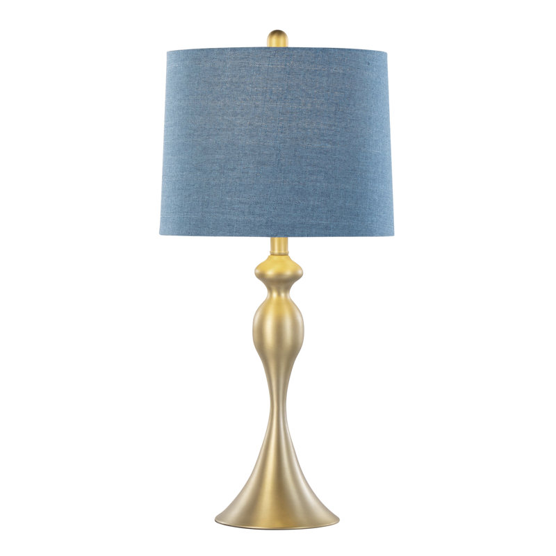 Set Of 2 27" Contemporary Gold Metal Table Lamps With Blue Textured Slub Linen Shades, Gold, Dark Blue