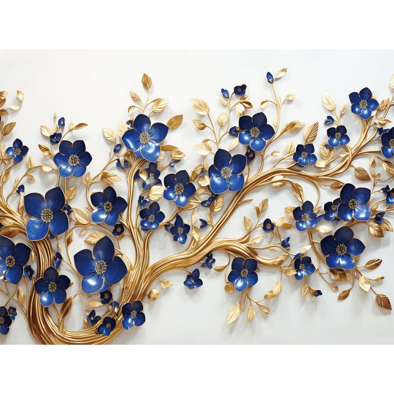 Royal Blue Blossom Cascade - Elegant 3D Wall Decor, 30" H x 40" W