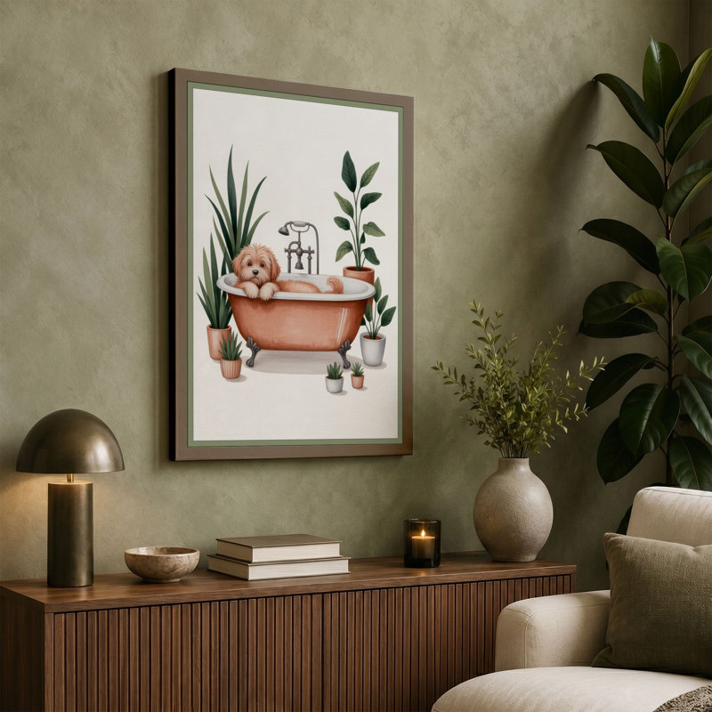 Dog's Bath Time Boho 1 Piece Wrapped Canvas Wall Art, 36x24 - 91.4 x 61.0 cm, Ochre Border