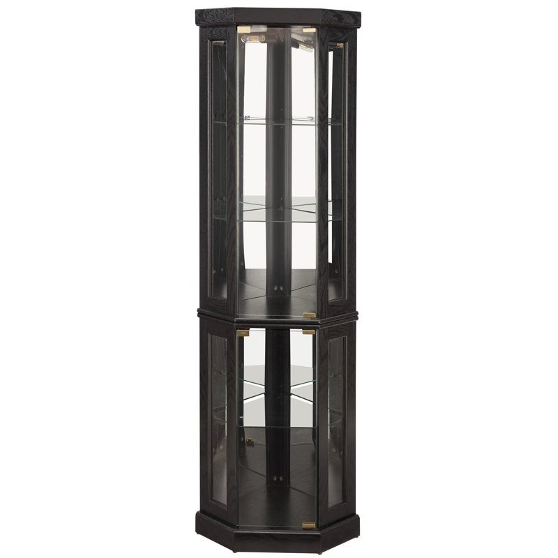 Rangement de coin éclairé pour le salon, tablettes réglables, portes vitrées à fermeture latérale, armoire vitrée à panneaux en miroir avec objets décoratifs, courbée gracieusement, capacité de poids élevée, assemblage facile