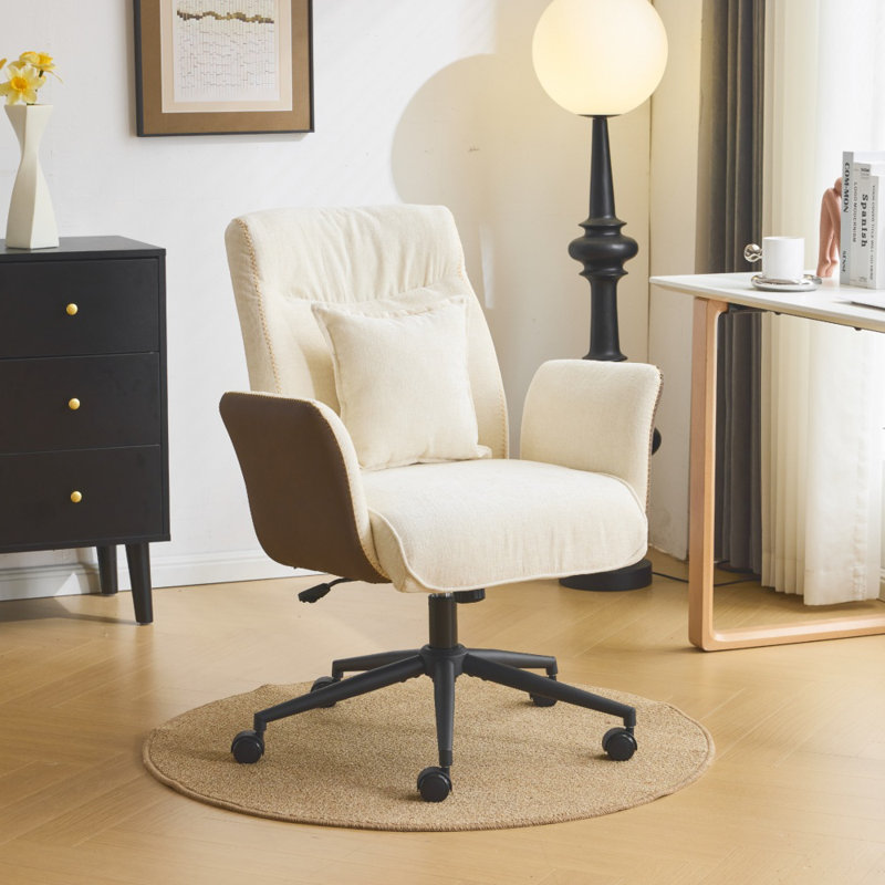 28.3” W Chenille Dovetail Swivel Office Chair With Wheels, White