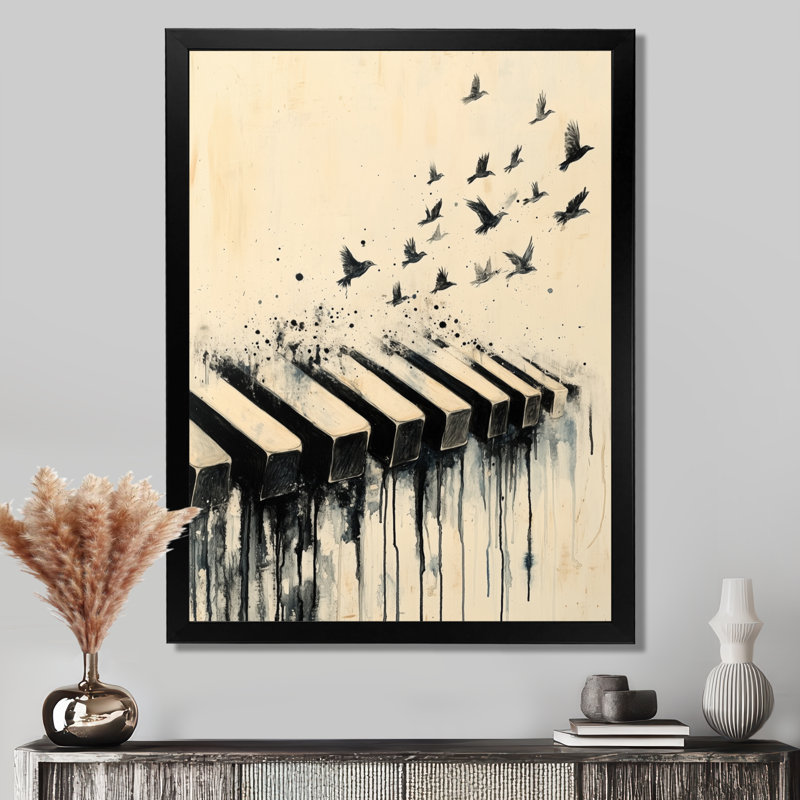 Melody Takes Flight - Piano, art mural, H 20 po x l 12 po, Cadre photo noir