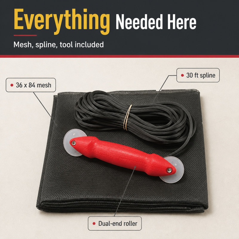 Trousse de réparation de porte moustiquaire Prime-Line avec outil de roulement - Remplacez l'écran sur les portes de fenêtres ou de patio, la toile de protection en fibre de verre gris anthracite (1 ensemble)