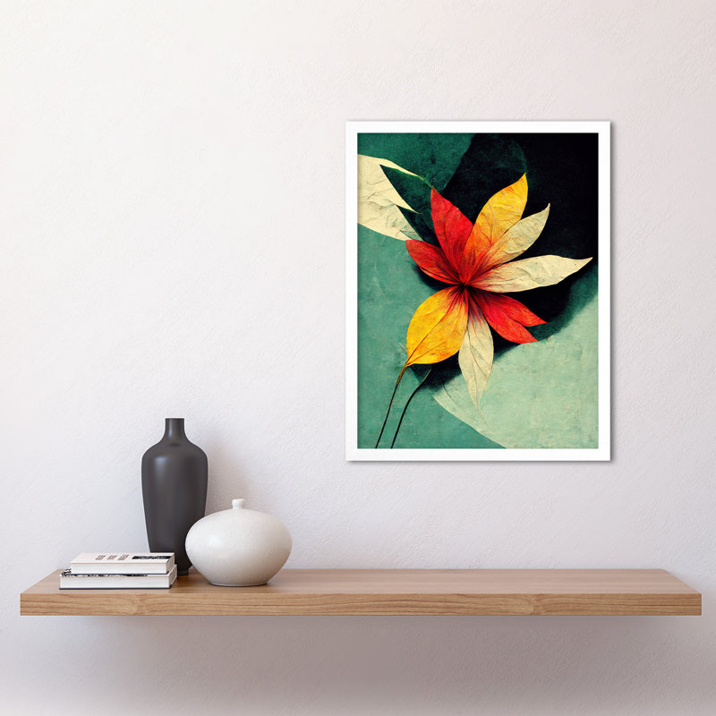 Abstract Flowers Teal Red Yellow 1 Piece Single Picture Frame Wall Art, 43cm H x 33cm W x 2cm D, White Framed Unframed