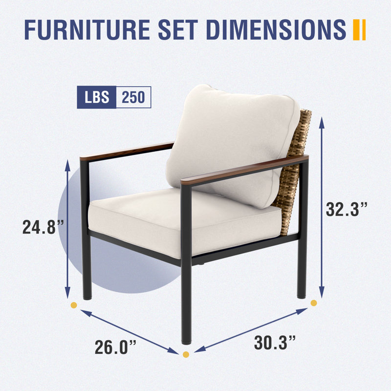 Chaise de salle à manger d'extérieur brun clair en osier avec structure en acier et coussins, Beige