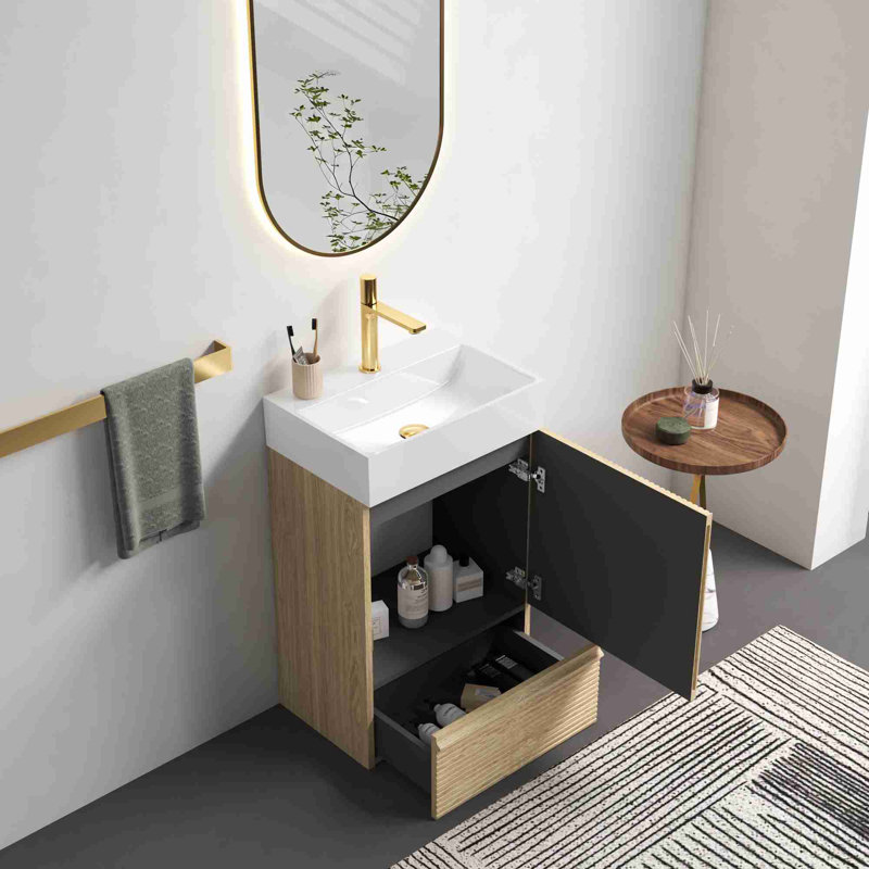 Meuble-lavabo de salle de bain avec rangement, Chêne clair, Blanc