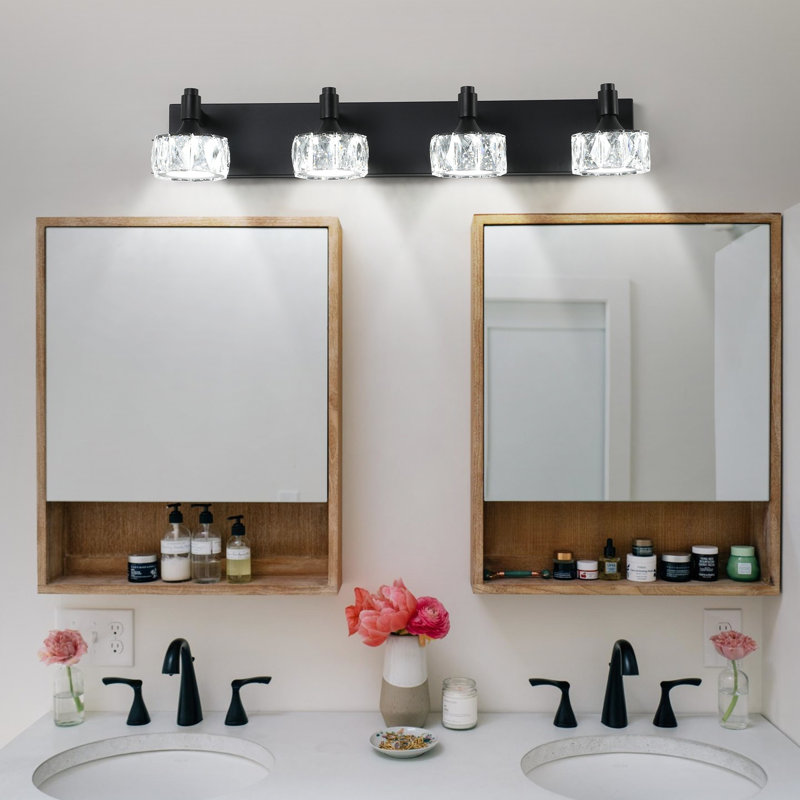 4 - Meuble-lavabo à DEL noir mat avec abat-jour en verre cristal