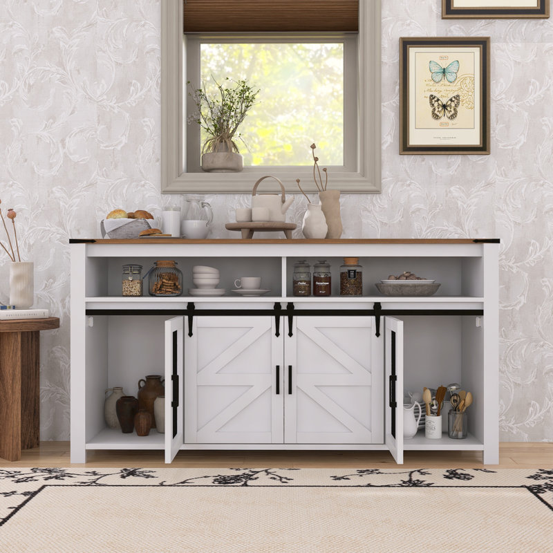 Buffet Farmhouse avec porte de grange coulissante et panneaux grillagés - Buffet de rangement ouvert, Blanc