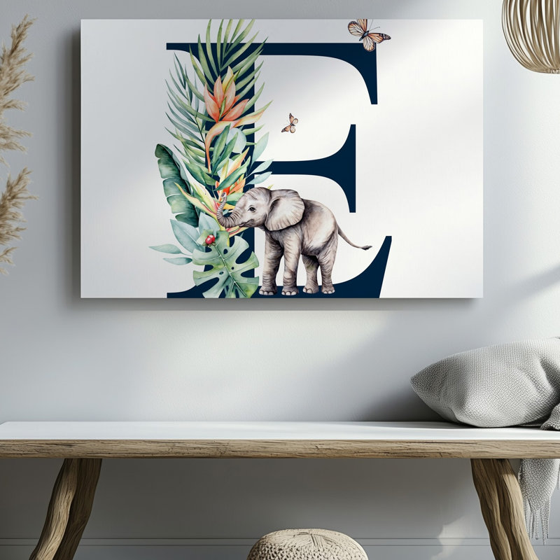 Toile, une illustration fantaisiste avec une grande lettre E, art mural complexe orné d'un feuillage tropical vibrant