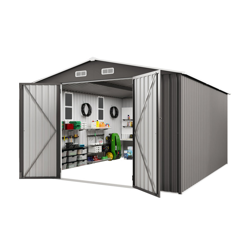 Remise de rangement extérieure grise en métal de 10 pi x 12 pi avec double porte et fenêtres