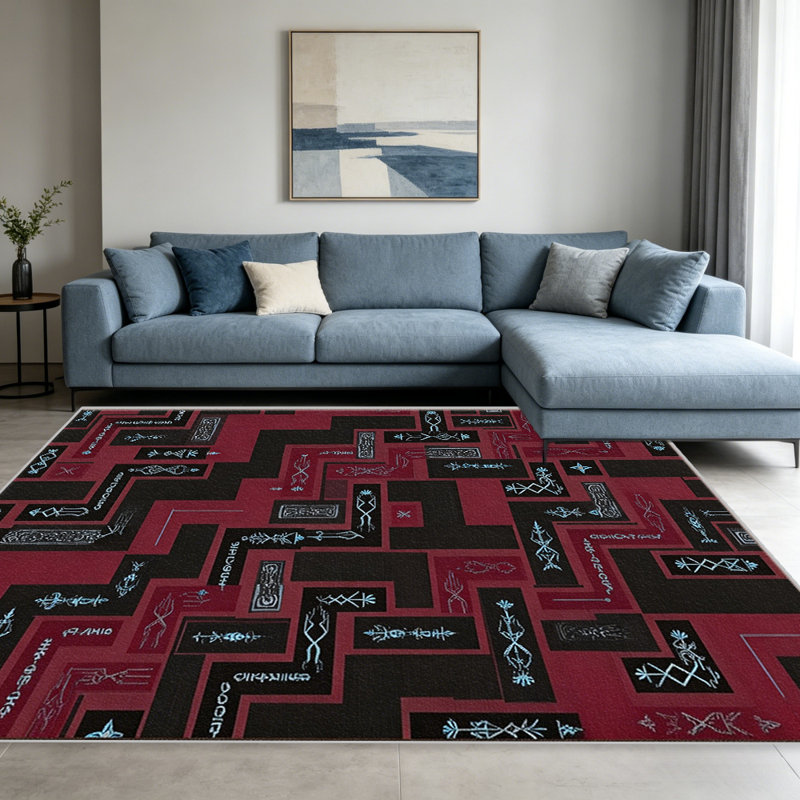 Red Tribal Geometric carpet-easy to clean, machine-washable, soft and comfortable; suitable for door mats, kitchens, living rooms, bedrooms, corridors, and laundry areas. Easy to clean, durable carpet for home decoration.
