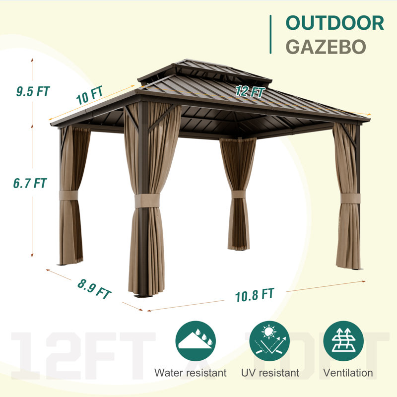 Hardtop Double Roof Aluminum Patio Gazebo with Netting & Curtains, 114" H x 144" W x 120" D