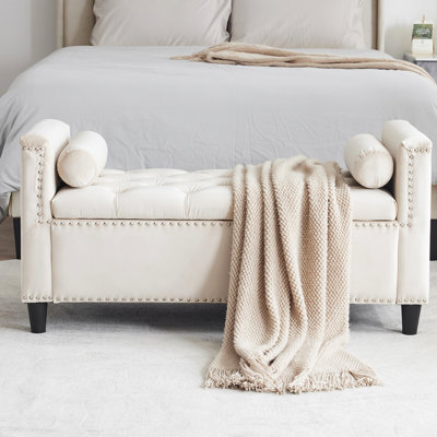 Banc en velours avec accoudoirs avec rangement de 44,5 pouces de couleur crème pour chambre à coucher et lit supplémentaire 44,5 pouces