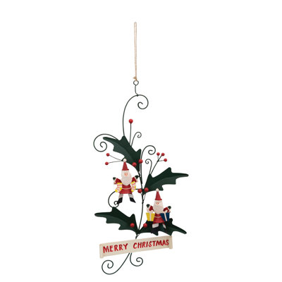Plaque de houx en étain peinte à la main avec le père Noël et message «Merry Christmas»