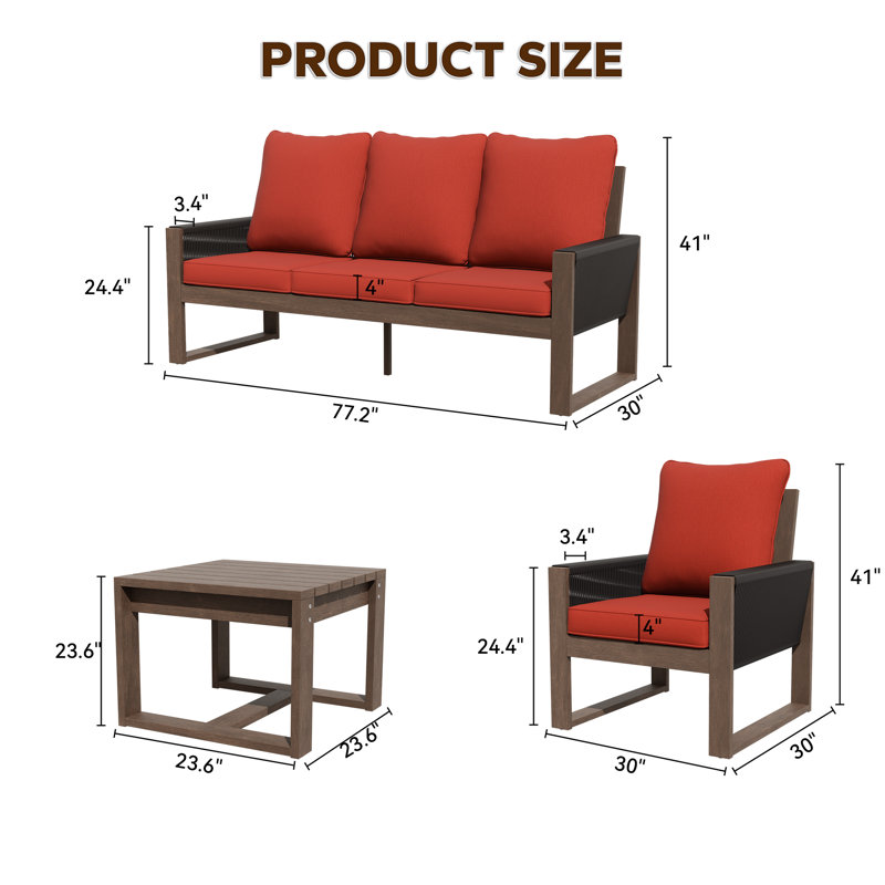 Ensemble de conversation en bois 5 pièces avec coussins 5 pièces, Rouge