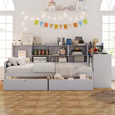 Daybed with Storage 3 Cabinets and 2 Drawers, Wooden L-Shape Daybed Frame with Study Desk and Built-in Bookshelf, Multi-functional Bed for Bedroom Gue