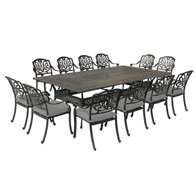 13-Piece Cast Aluminum Rectangle Dining Set With 12 Cushioned Arm Dining Chairs