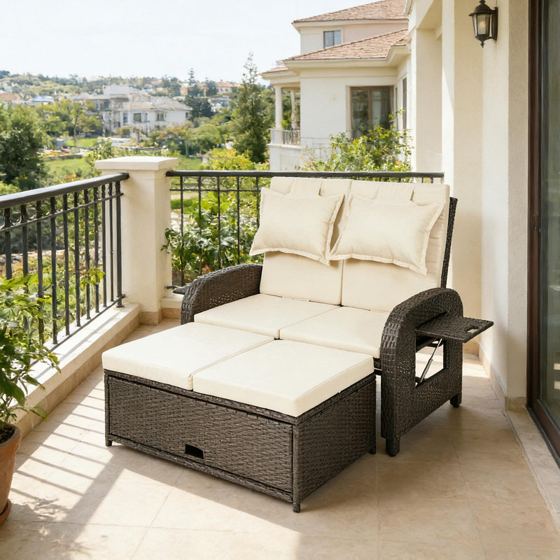 Lit de jour d'extérieur en osier, canapé convertible inclinable 3 en 1, lit de jour en rotin, Beige