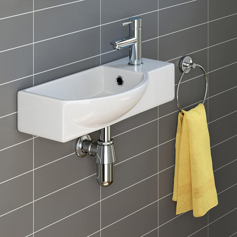 iBathUK Silens Compact Wall Hung Bathroom Sink, Modern Ceramic Cloakroom Basin, Space Saving Wall Hung Cloakroom Basin