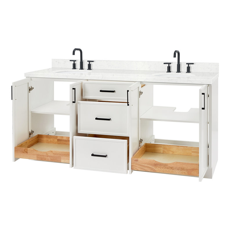 Meuble-lavabo double 72 po ARIEL Kelly avec comptoir en quartz de Carrare, Blanc