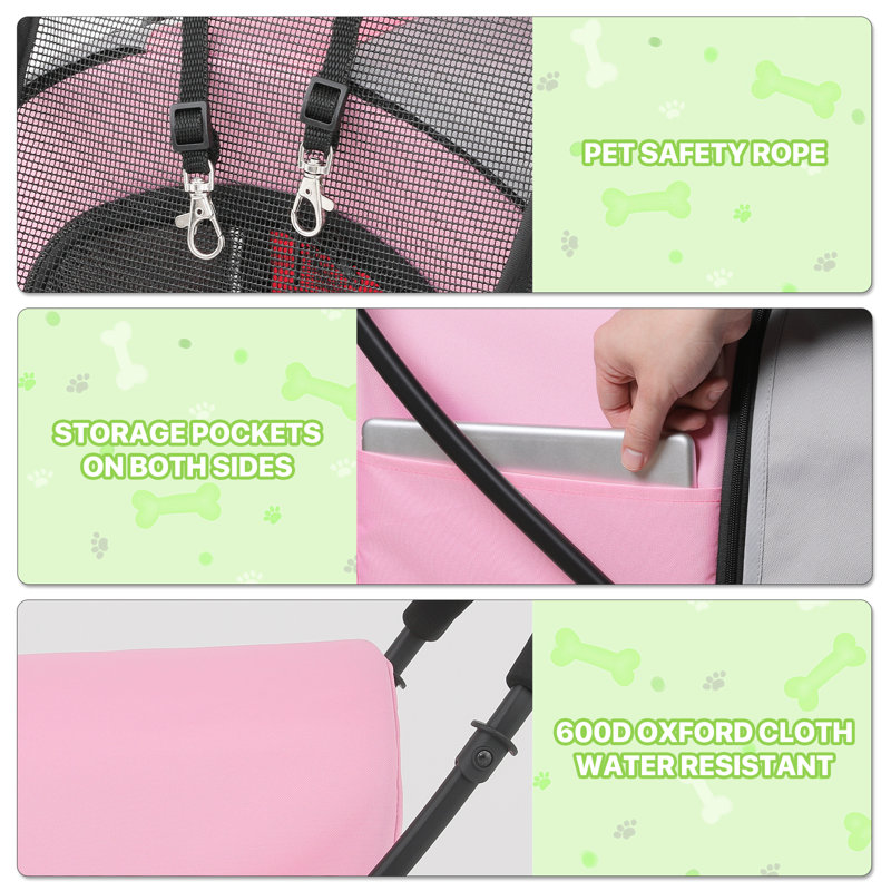 Pink and Gray 4-in-1 Folding Double Pet Stroller for Small to Medium Dogs and Cats
