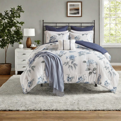 Farmhouse 7-piece Seersucker Bedding Set, Microfiber Comforter With Floral Print And Throw Blanket, King/cal King