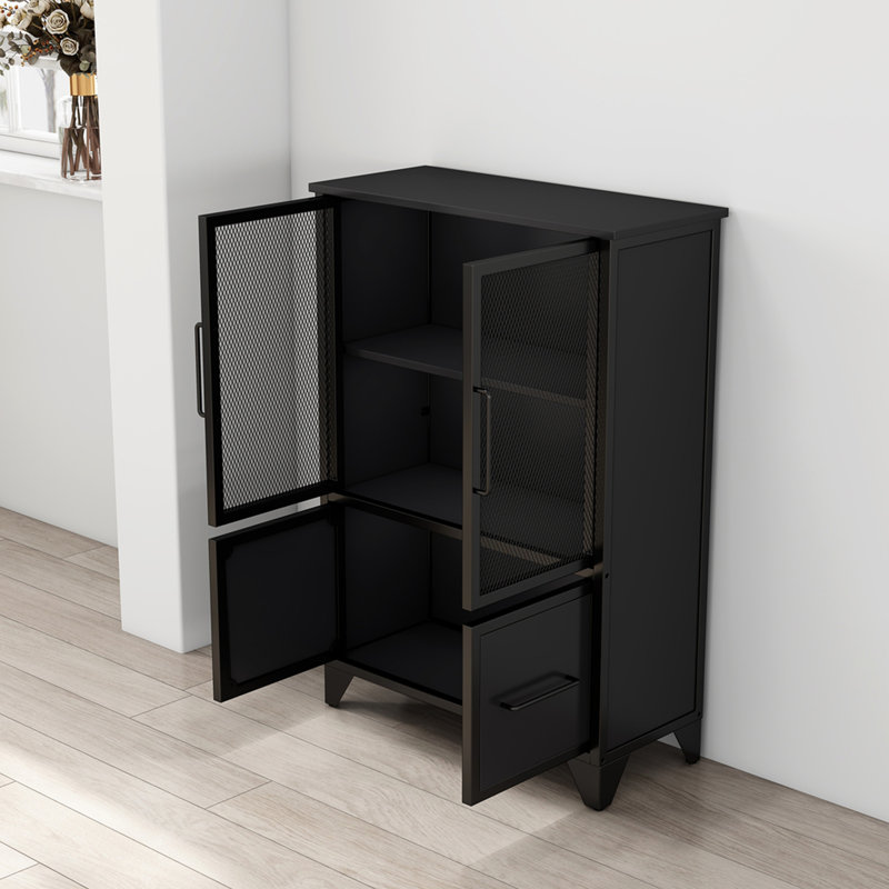 Armoire de rangement avec 4 portes en fer, poignée en métal noir, buffet avec tablette réglable, cadre en métal robuste noir et pieds en métal, facile à assembler, pour le salon, la cuisine, noir