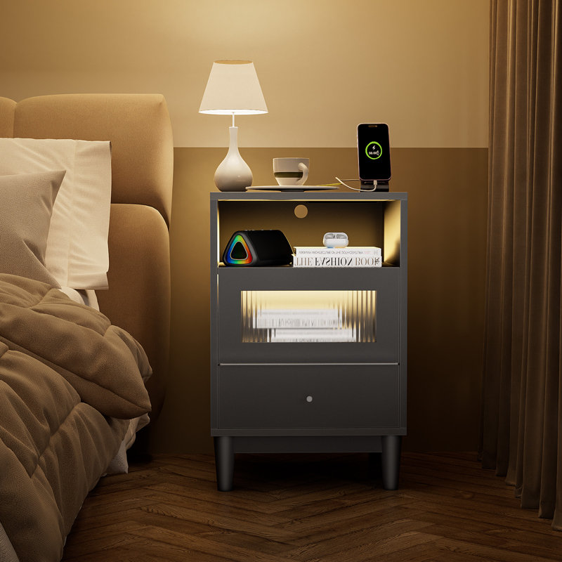 Table de chevet avec DEL, station de charge et ports USB, table de bout avec tiroirs en verre, table de chevet moderne ultrabrillante avec lumière, 15,7 po x 13,7 po x 23,8 po