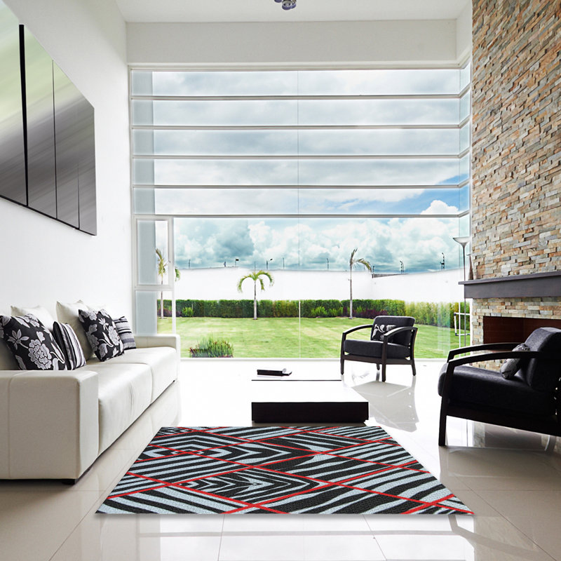 Tapis rouge/bleu marine tissé à la machine, Carré 8 pi