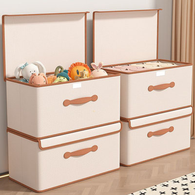 4 Pack Fabric Foldable Storage Bin Cube Organizer Basket with Flip-Top Lid & Handles, Clothes Blanket Box for Home, Office, Closet, Beige