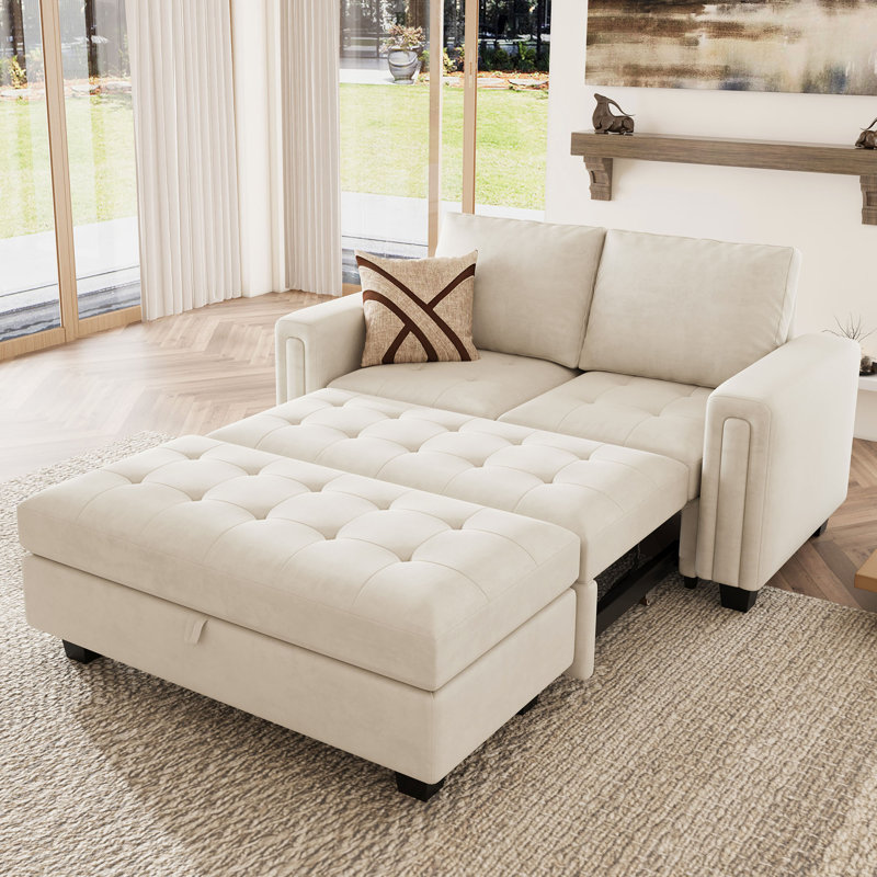 Canapé-lit rembourré en velours avec rangement Shavera, Beige