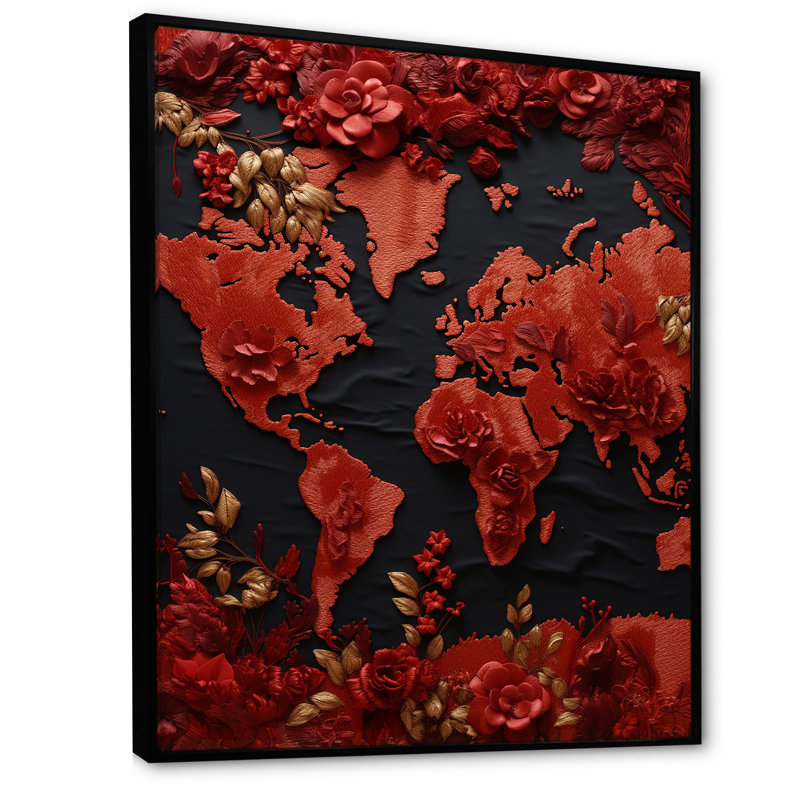 «Nomads Scarlet Red Map» sur toile, Cadre flottant noir, H 32 po x l 16 po x P 1 po