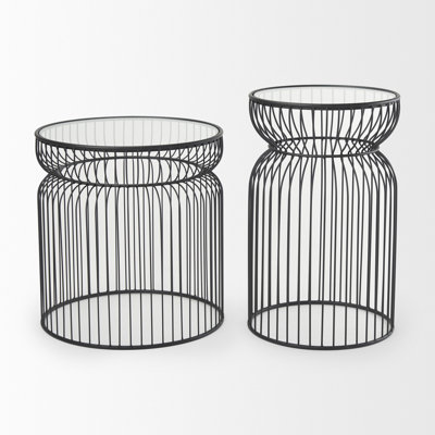  Modern Set of Two Clear and Black Wire Drum End Tables
