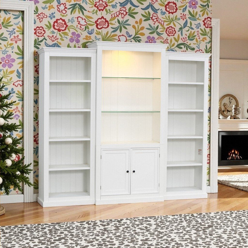 3-Piece Bookcase And Display Cabinet Set With Adjustable Led Ceiling Light And 6mm Tempered Glass Shelves, White
