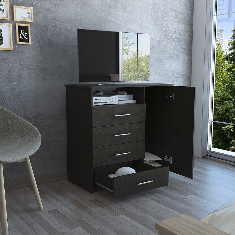 Sierra Dresser with Four Drawers, One Compartment and Open Shelf, Freestanding Bedroom Storage, Black Wengue
