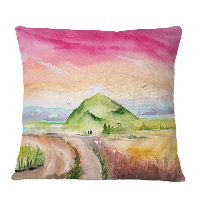 Coussin décoratif paysage avec champ d'herbe et ciel rose, 16 po x 16 po