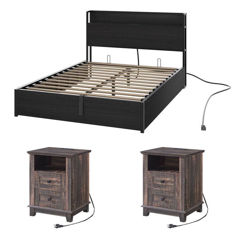 Ensemble de chambre à coucher complète rustique et de ferme 3 pièces Tryston, noir, Noir, Full / Double