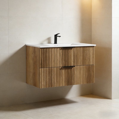 Meuble-lavabo mural 36 po avec base flottante 36 po, meuble-lavabo simple moderne à 2 tiroirs cannelés avec panneaux sculptés en 3D