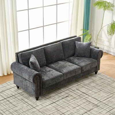 Chenille Upholstered Couch with Wood Legs and Nailhead Trim for Living Room