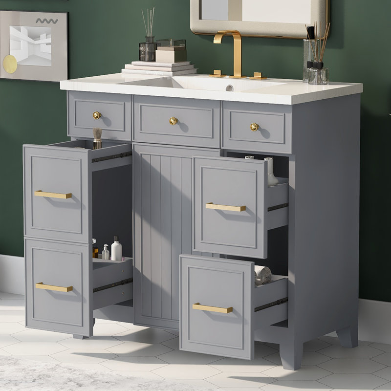 Meuble-lavabo simple 36 po avec comptoir, Or, Gris