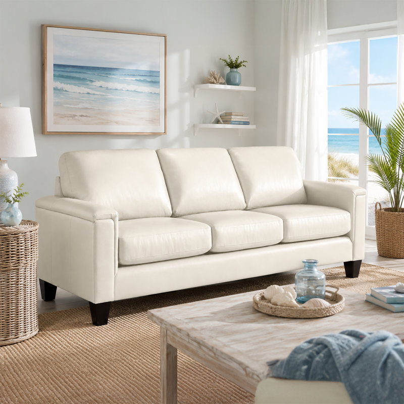  Canapé à accoudoirs carrés en cuir véritable 89 po Deboer, Cuir crème assorti